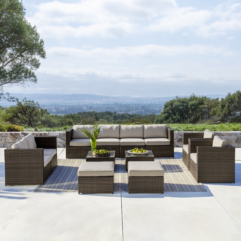 Olivier Outdoor Sofa Set 4 Seater ,2 Seater, 2 Single Seater and 2 Center Table with 2 Ottoman Set (Brown +Cream)