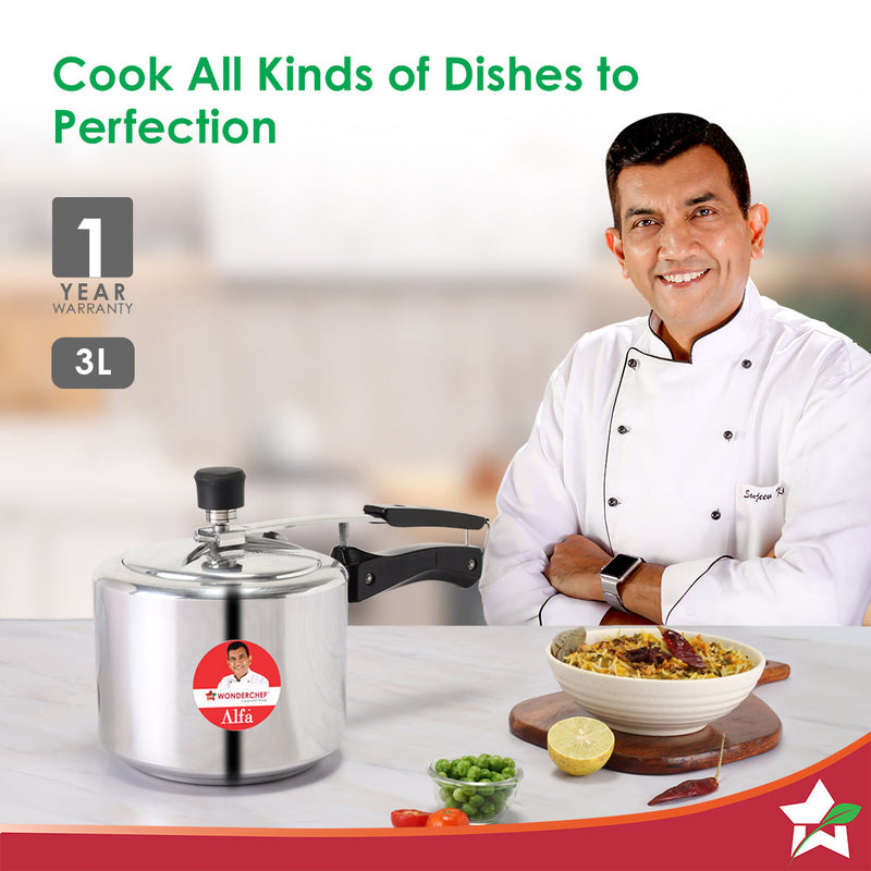Alfa Aluminium Inner Lid Pressure Cooker | 3 L | Sautéing, Steaming, Frying, Boiling, Pressure Cooking | Induction and Gas Cooktops Friendly | BIS Approved | Cool Touch Handles