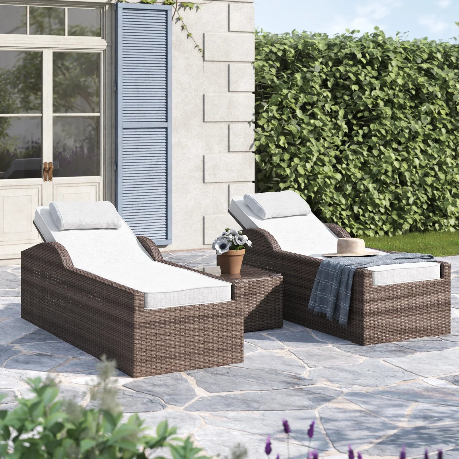 Fidelia Outdoor Swimming Poolside Lounger (Set of 2 ) With 1 Side Table (Black +White)