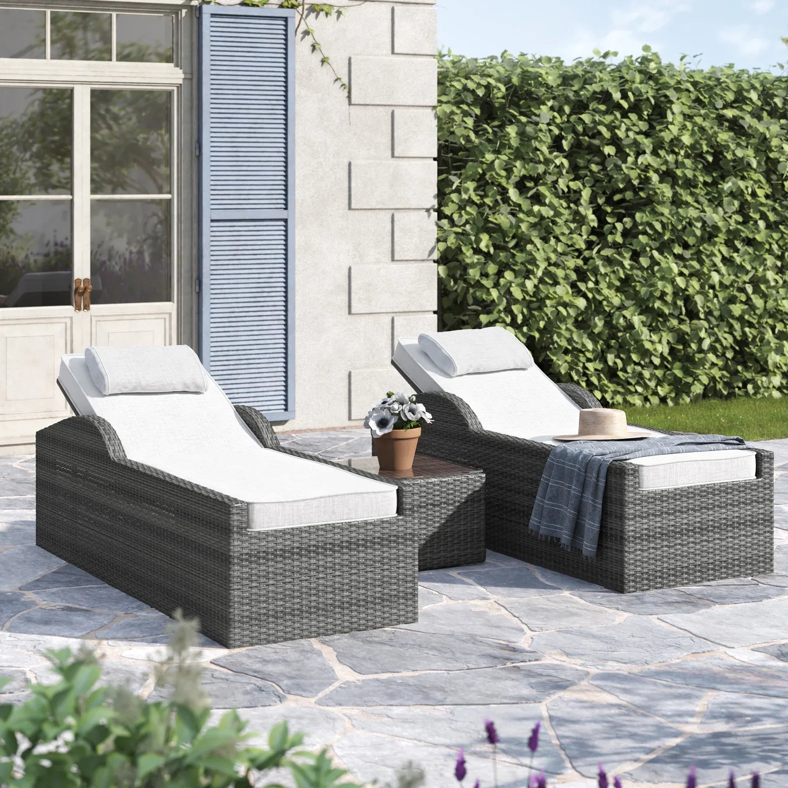 Fidelia Outdoor Swimming Poolside Lounger (Set of 2 ) With 1 Side Table (Black +White)