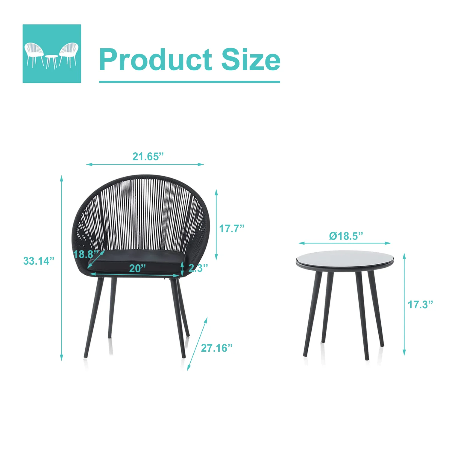 Kaay Outdoor Patio Seating Set 2 Chairs and 1 Table Set (Black)