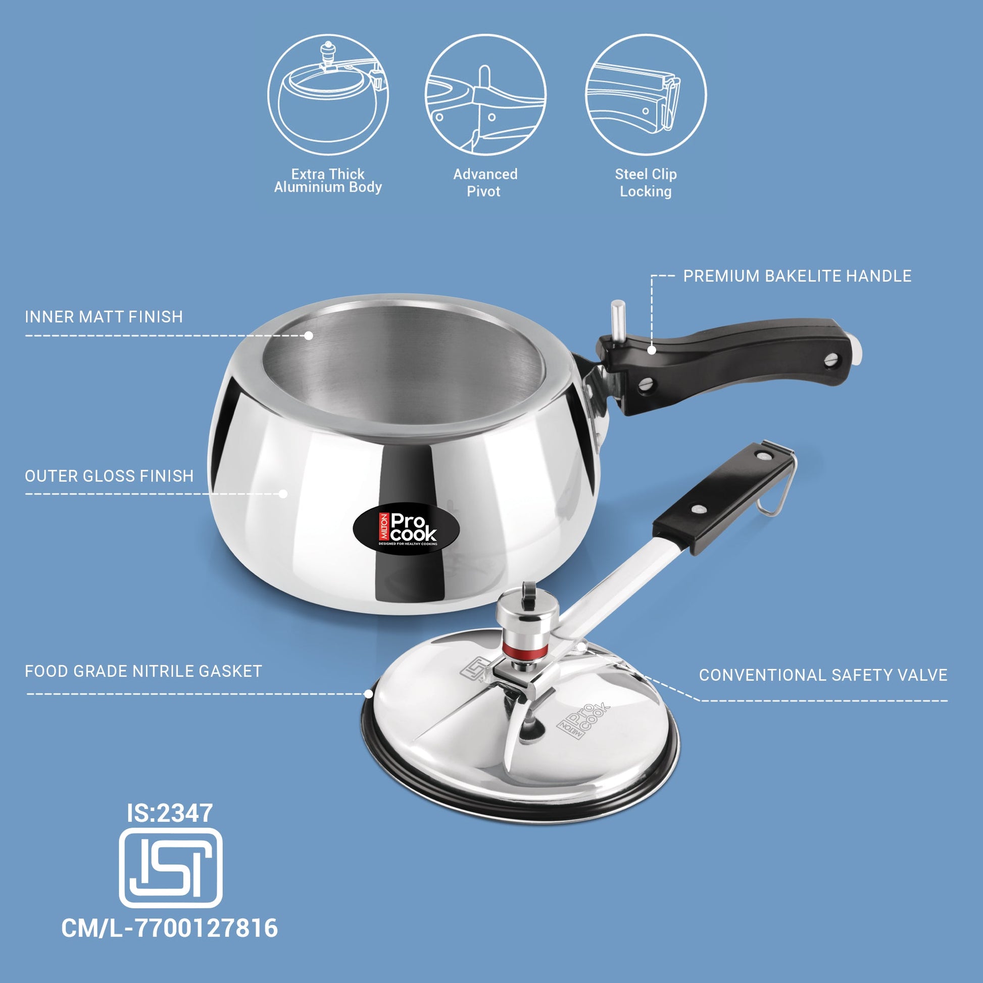 Inner Lid Curve Aluminium Induction Pressure Cooker (Milton Procook)