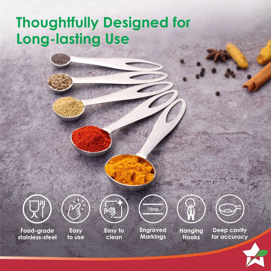 Wonderchef Ambrosia Stainless-steel Measuring Spoons with 5 Engraved Measurements | 1.25ml, 2.5ml, 5ml. 7.5ml, 15ml | Fo