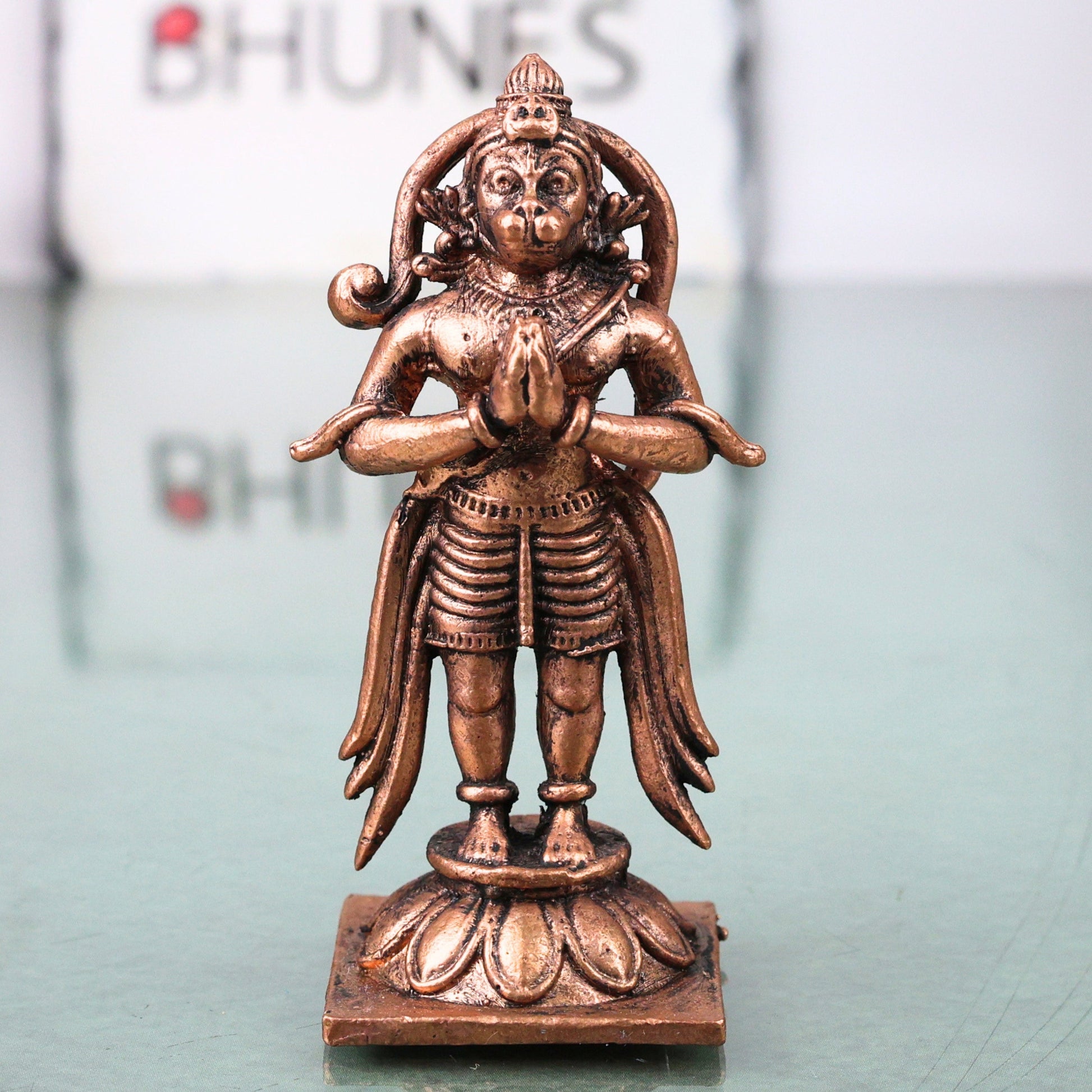 Copper Hanuman Idol Bajrangbali Anjaneya Maruti Sankat Mochan Murti Pooja Statue Home Decor, Brown, 3.5 Inch, 1 Piece