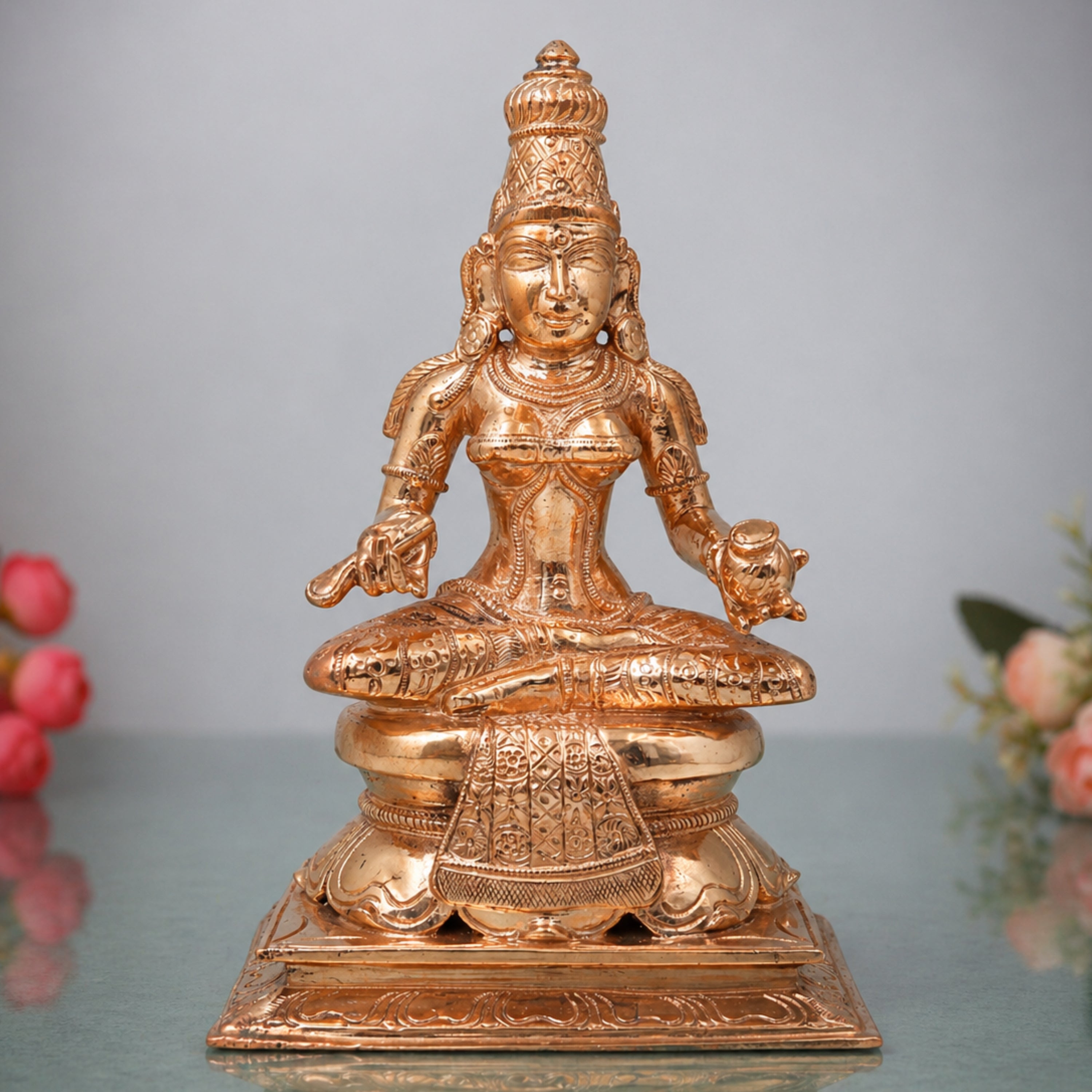 Bronze Annapurneshwari Idol Maa Annapurna Devi Statue Annapoorna Mata Murti Annada Devi Bhojanadayini Goddess Annapurna Sculpture Handmade Chola Art Metal Idol for Pooja Room Home Temple Kitchen Vastu Decor, Gold, 8 Inch, 1 Piece