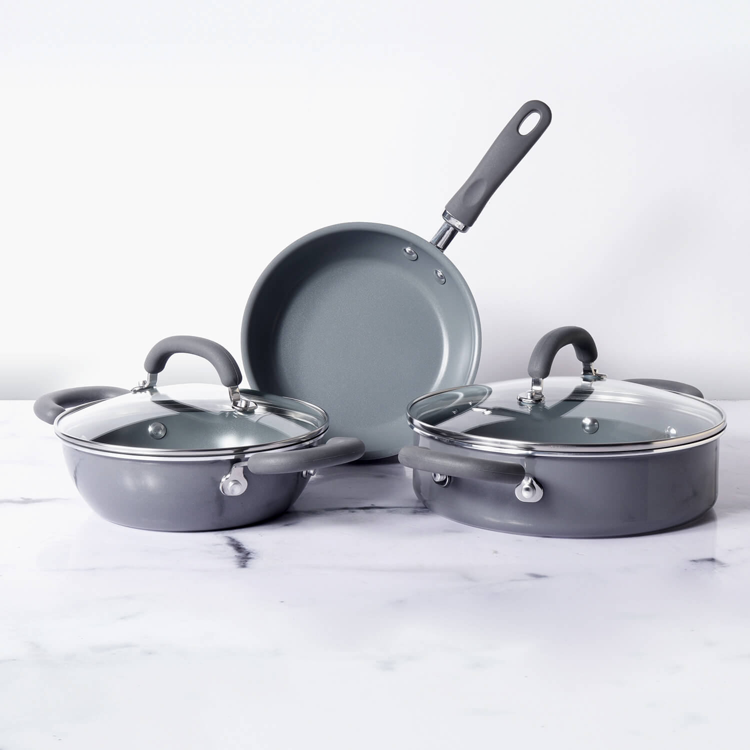Meyer Anzen Ceramic Coated Cookware 5-Piece Set - Frypan + Kadai with Interchangeable Lid+ Sauteuse with Lid