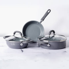 Meyer Anzen Ceramic Coated Cookware 5-Piece Set - Frypan + Kadai with Interchangeable Lid+ Sauteuse with Lid