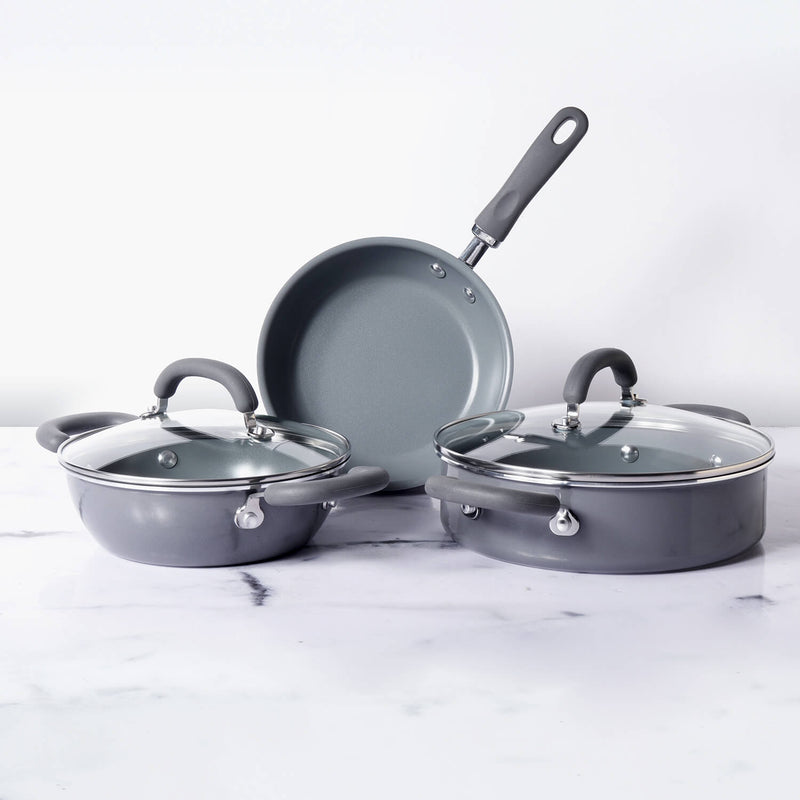 Meyer Anzen Ceramic Coated Cookware 5-Piece Set - Frypan + Kadai with Interchangeable Lid+ Sauteuse with Lid