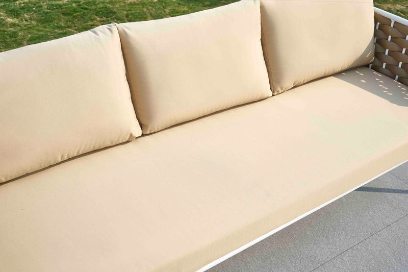 Crasio Outdoor Garden Balcony Sofa Set 3 Seater, 2 Single seater and 1 Center Table Set, Braid & Rope (White + Tan)