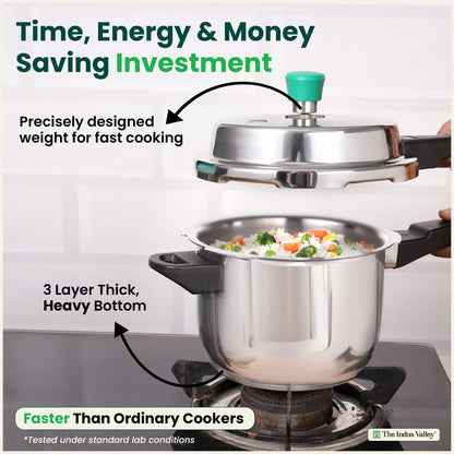 QuicKooker Tri-Steel Stainless Steel Pressure Cooker, Premium Quality, 3 Layer Heavy Bottom, 100% Safe, ISI Certified, 3 Yr Warranty, Induction & Gas, 3/5 L