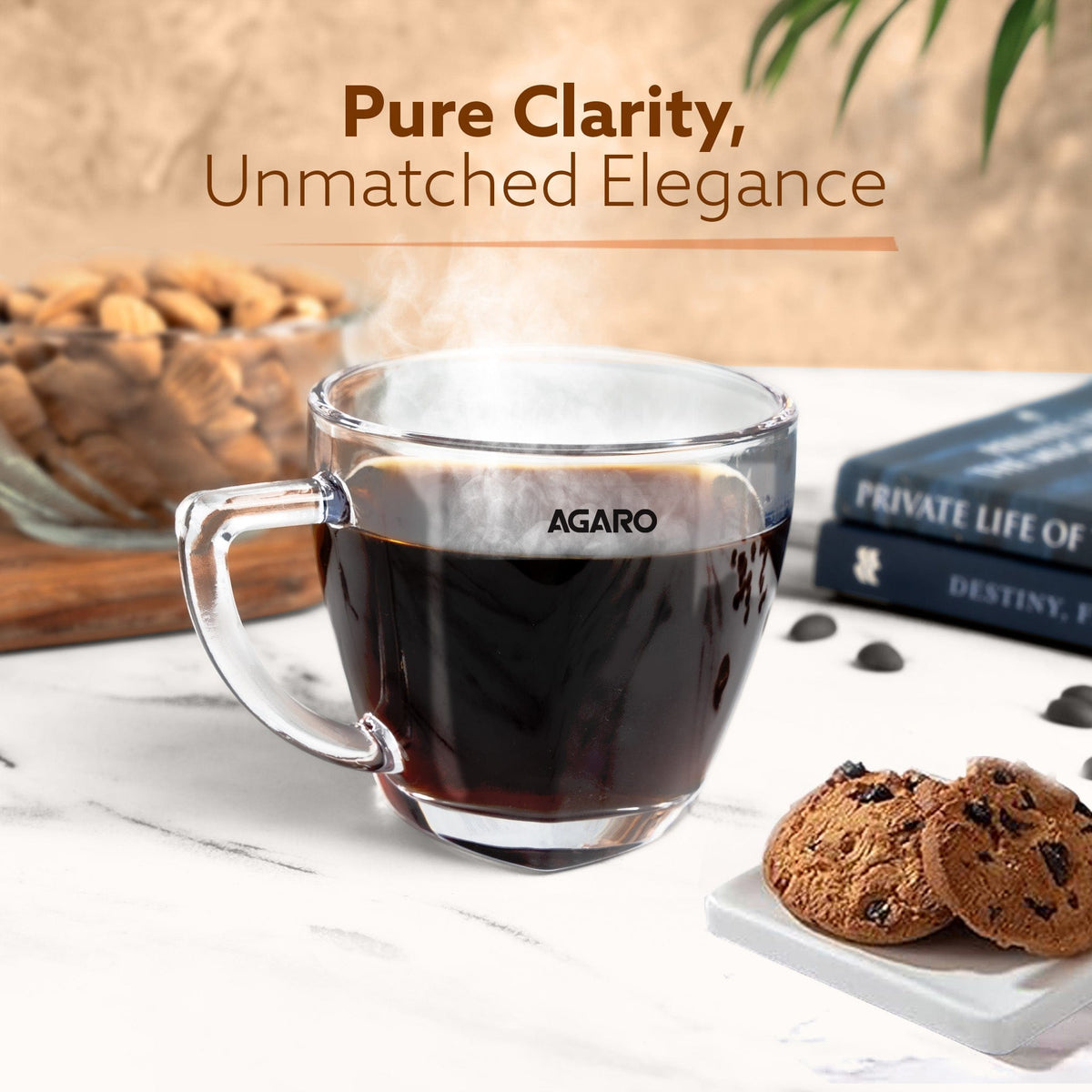 AGARO Elegant Glass Cup, 200ml, Set of 6, Crystal Clear Espresso Coffee Cup, Toughened Glass Wall with Handle, for Hot C
