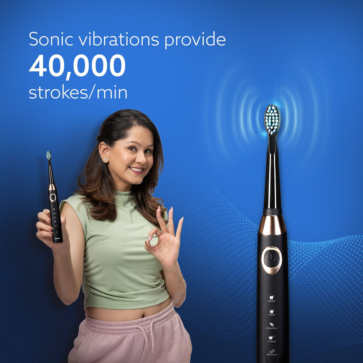 AGARO COSMIC MAX Sonic Electric tooth brush for adults with 5 modes, 7 brush heads, 1 Interdental head and rechargeable with 4 hours charge lasting up to 25 days (Black)-2