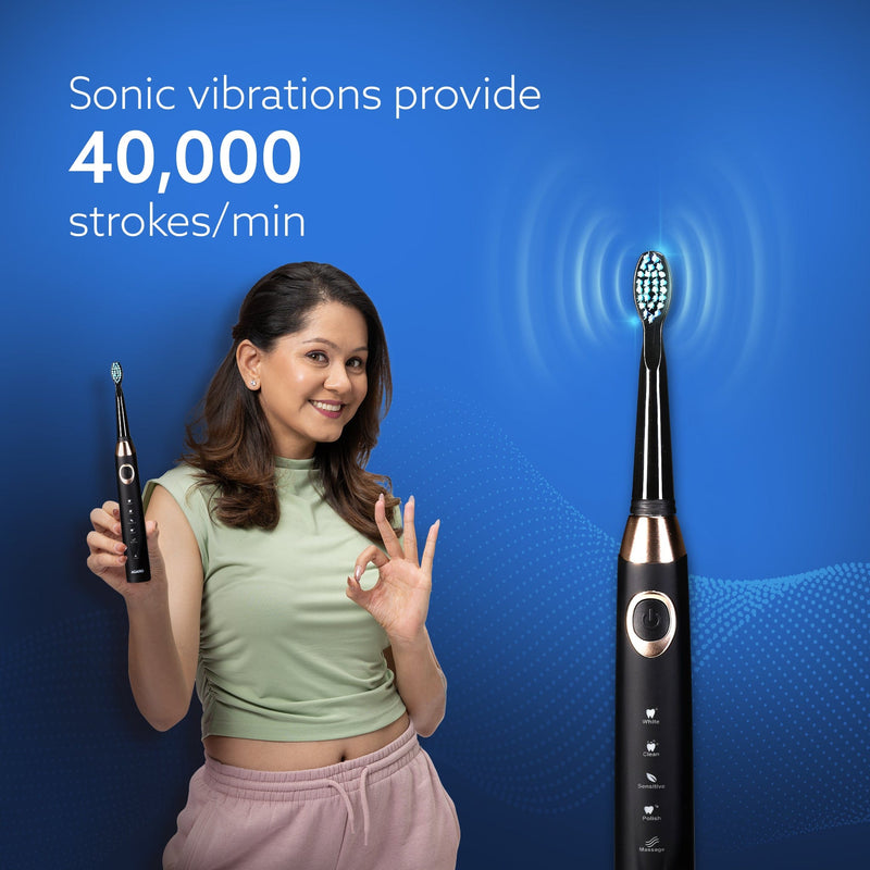 AGARO COSMIC MAX Sonic Electric tooth brush for adults with 5 modes, 7 brush heads, 1 Interdental head and rechargeable with 4 hours charge lasting up to 25 days (Black)-2