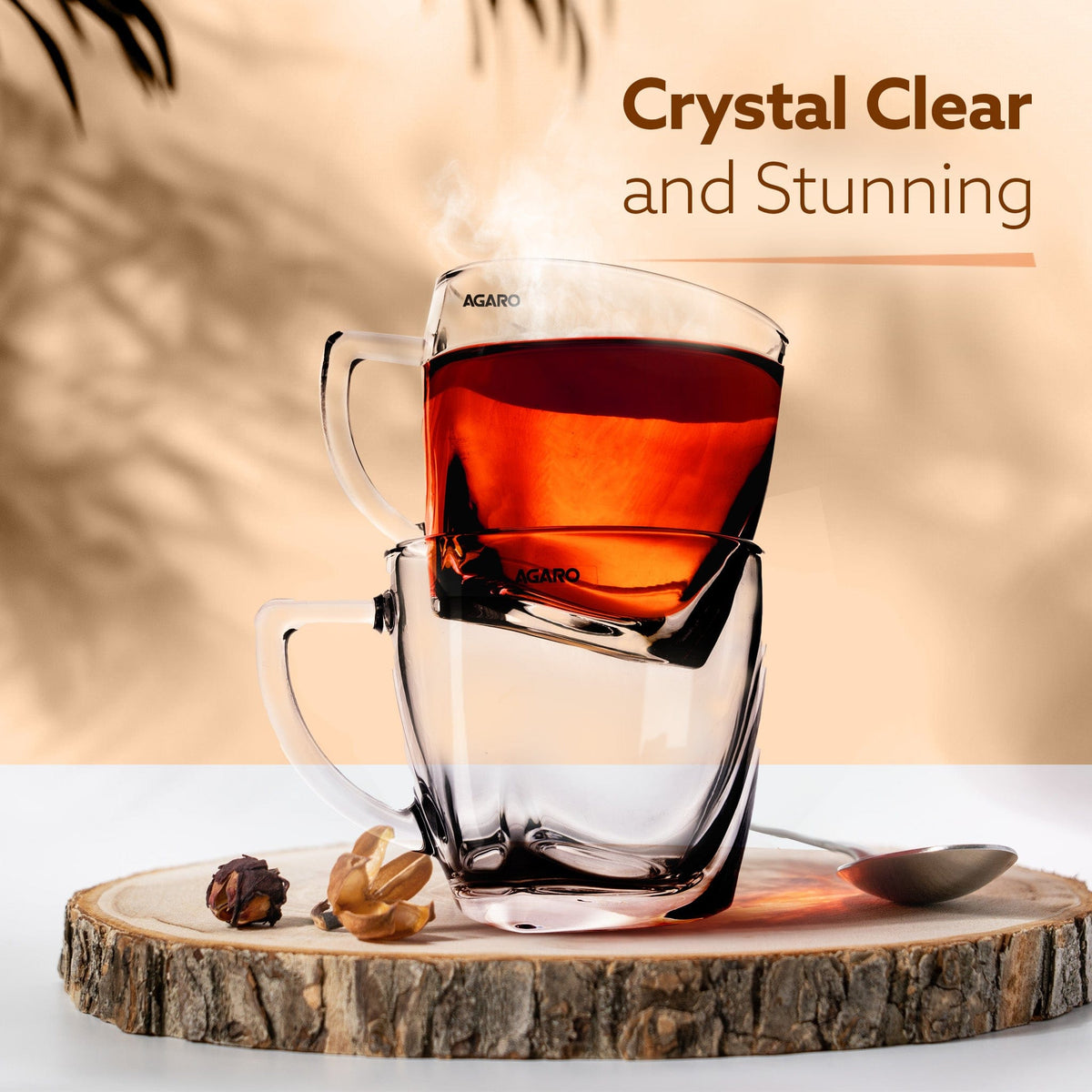 AGARO Elegant Glass Cup, 200ml, Set of 6, Crystal Clear Espresso Coffee Cup, Toughened Glass Wall with Handle, for Hot C