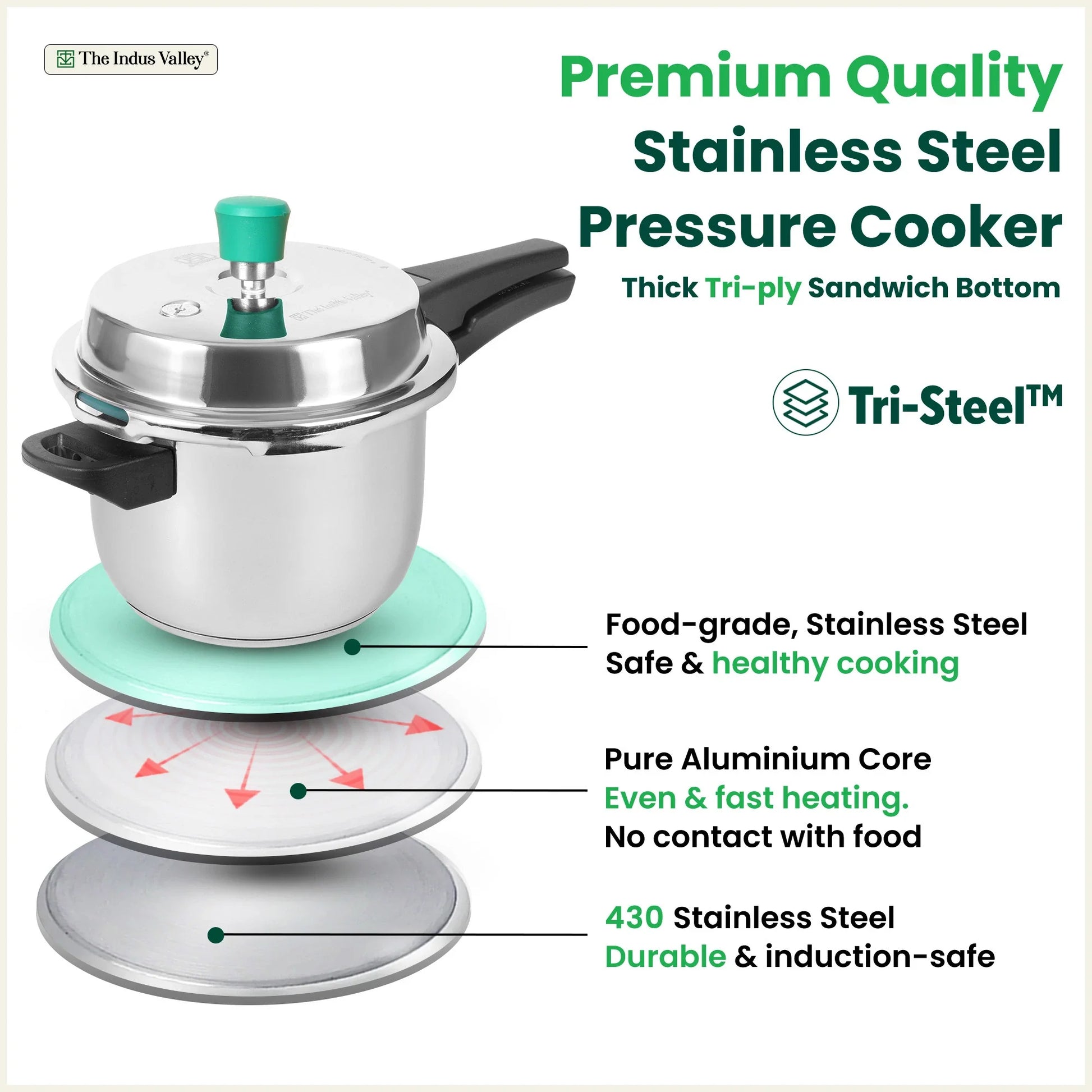 QuicKooker Tri-Steel Stainless Steel Pressure Cooker, Premium Quality, 3 Layer Heavy Bottom, 100% Safe, ISI Certified, 3 Yr Warranty, Induction & Gas, 3/5 L