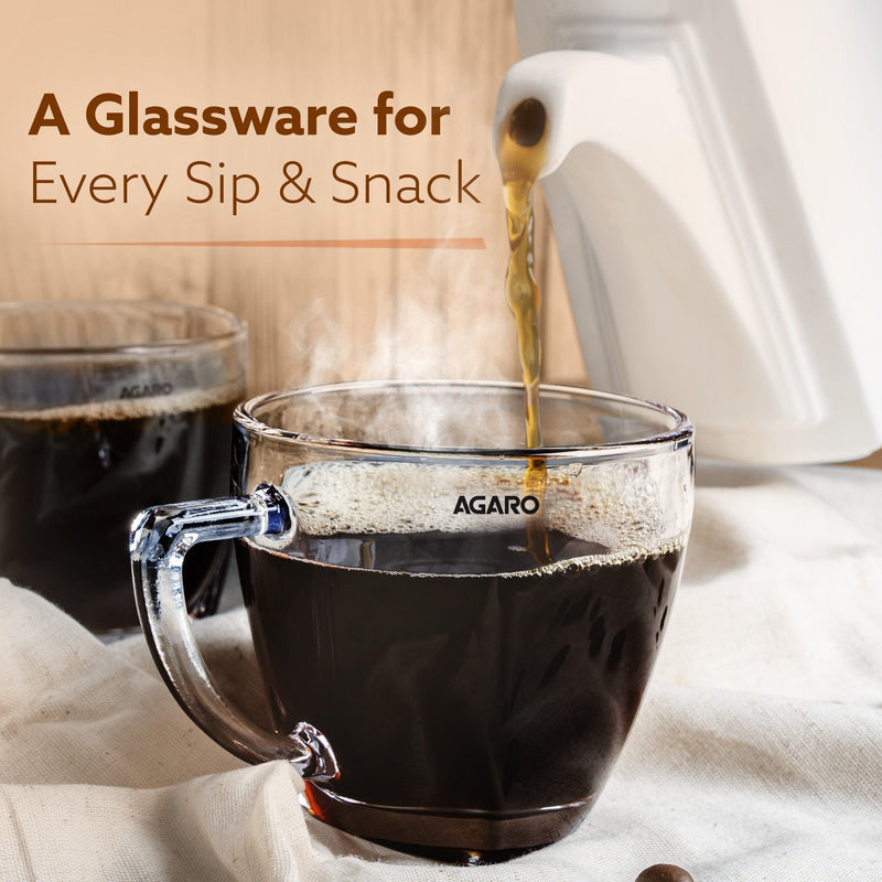 AGARO Elegant Glass Cup, 200ml, Set of 6, Crystal Clear Espresso Coffee Cup, Toughened Glass Wall with Handle, for Hot C