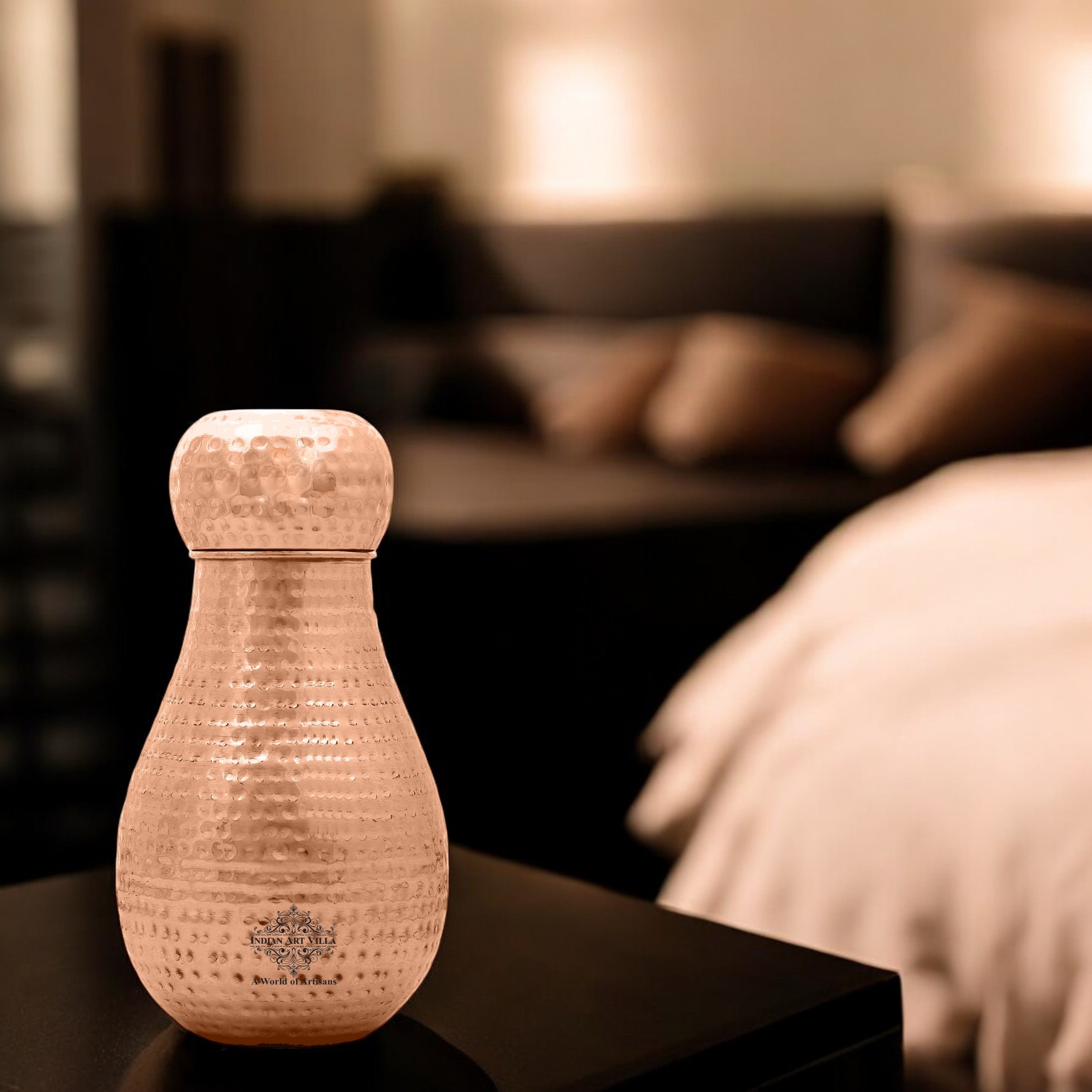 Pure Copper Hammered Design Bedroom Water Bottle with Inbuilt Glass