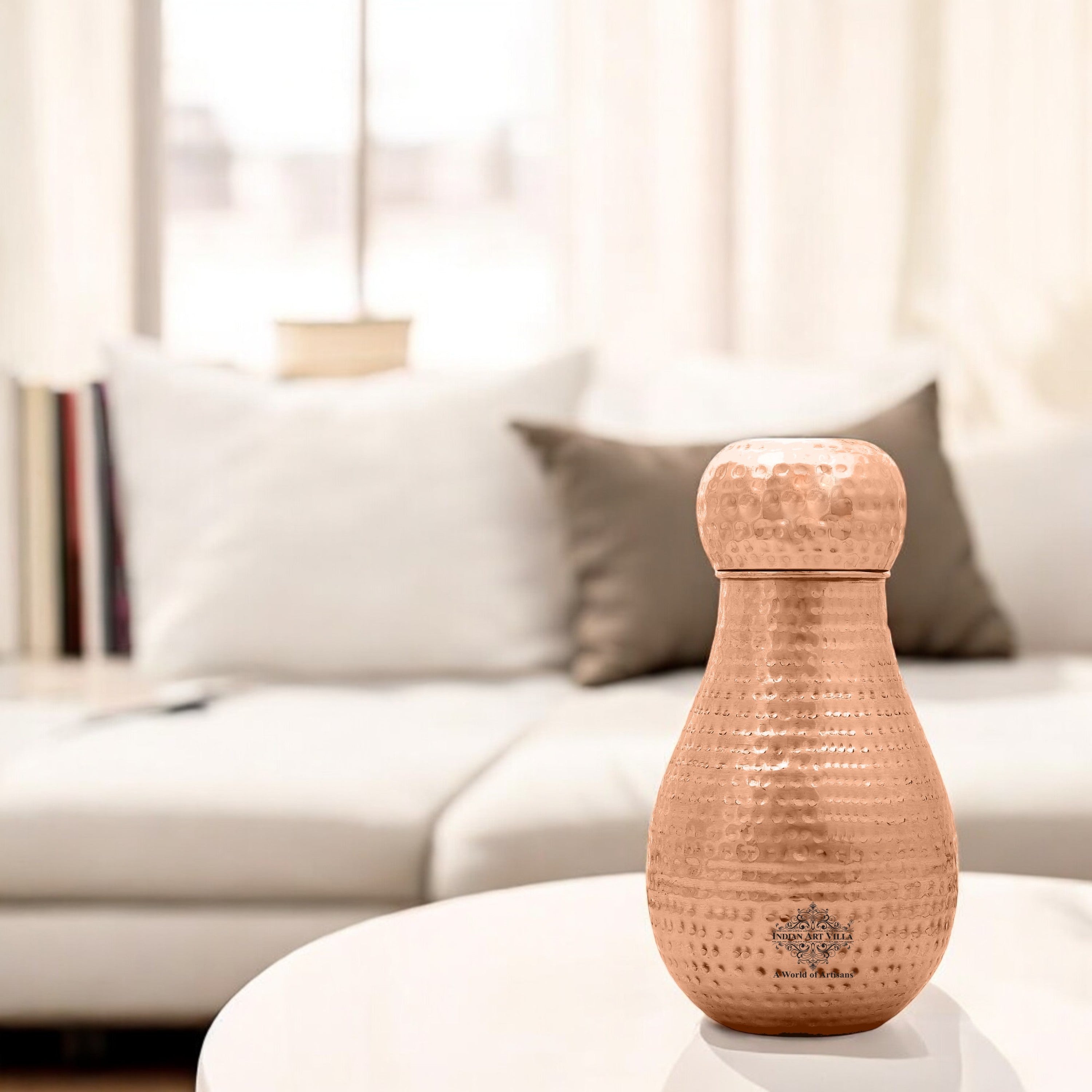 Pure Copper Hammered Design Bedroom Water Bottle with Inbuilt Glass