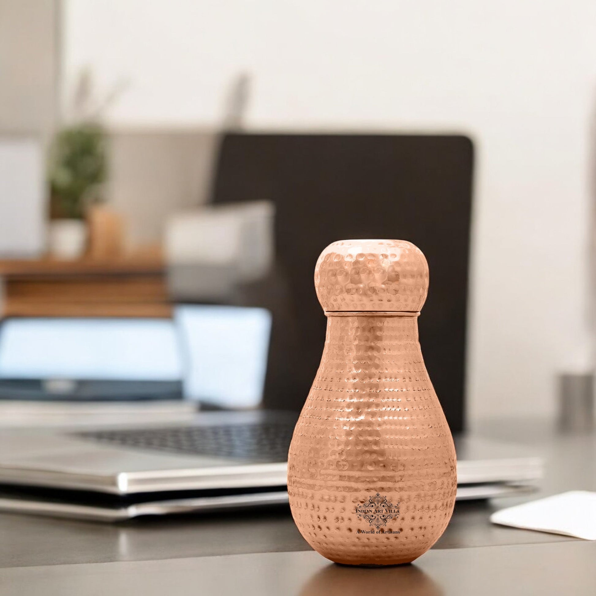 Pure Copper Hammered Design Bedroom Water Bottle with Inbuilt Glass
