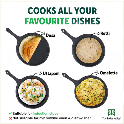 CASTrong Cast Iron Tawa with Handle, Pre-seasoned, 100% Pure, Toxin-free, Induction, 25cm,9.8inch