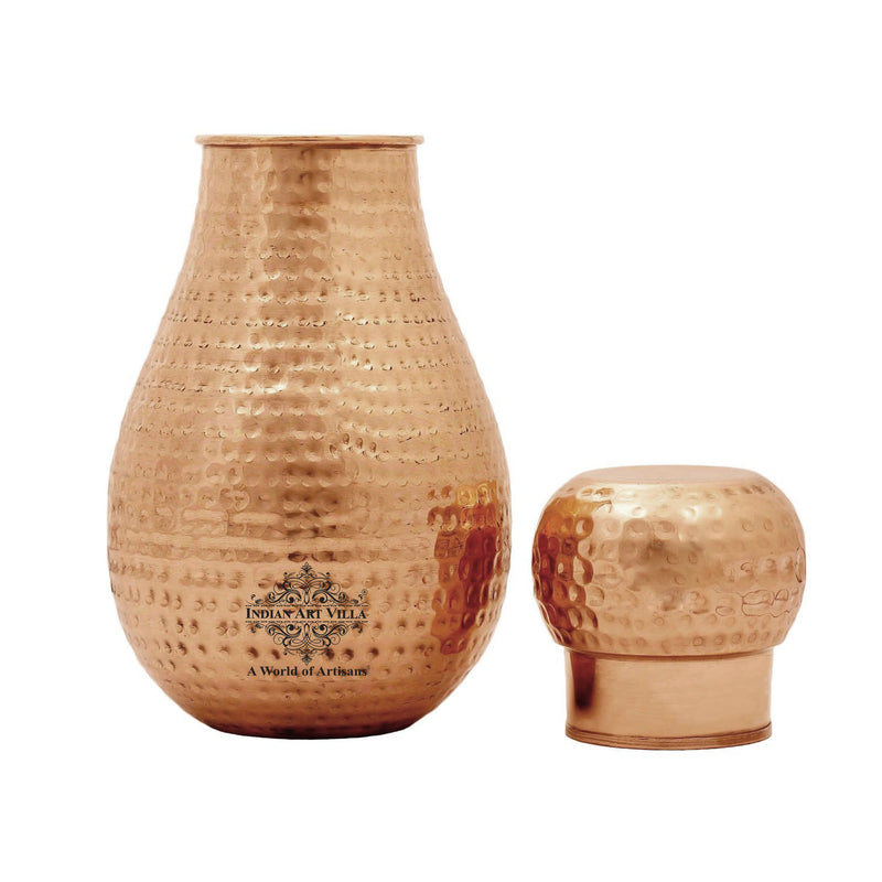 Pure Copper Hammered Design Bedroom Water Bottle with Inbuilt Glass