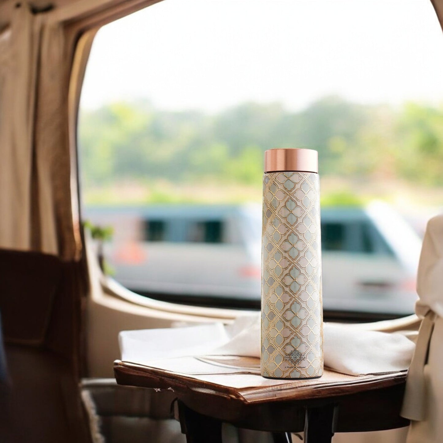 Pure Copper Water Bottle with Pyramid Shape Gold Print Design, 800 ML