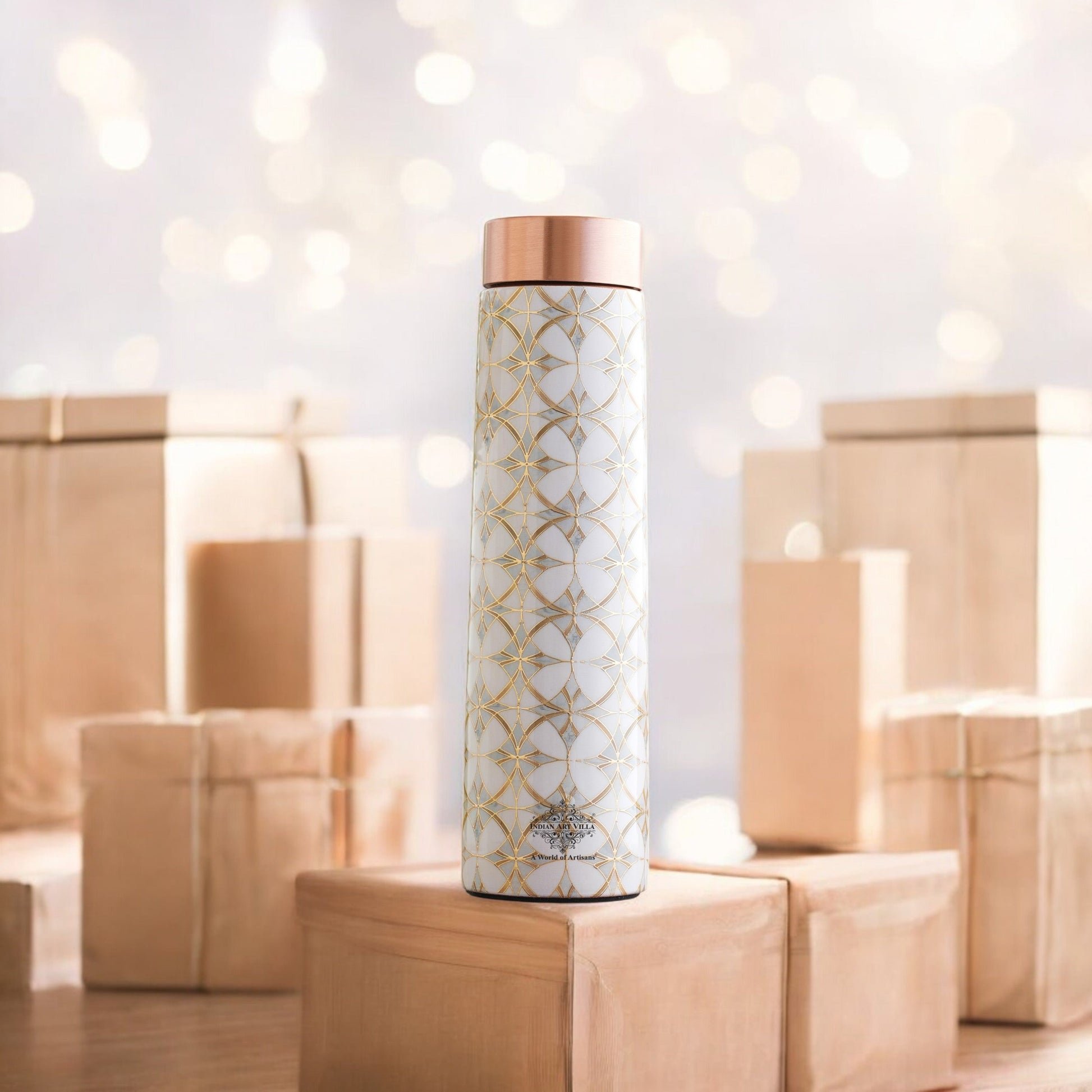 Pure Copper Water Bottle with Pyramid Shape Gold Print Design, 800 ML