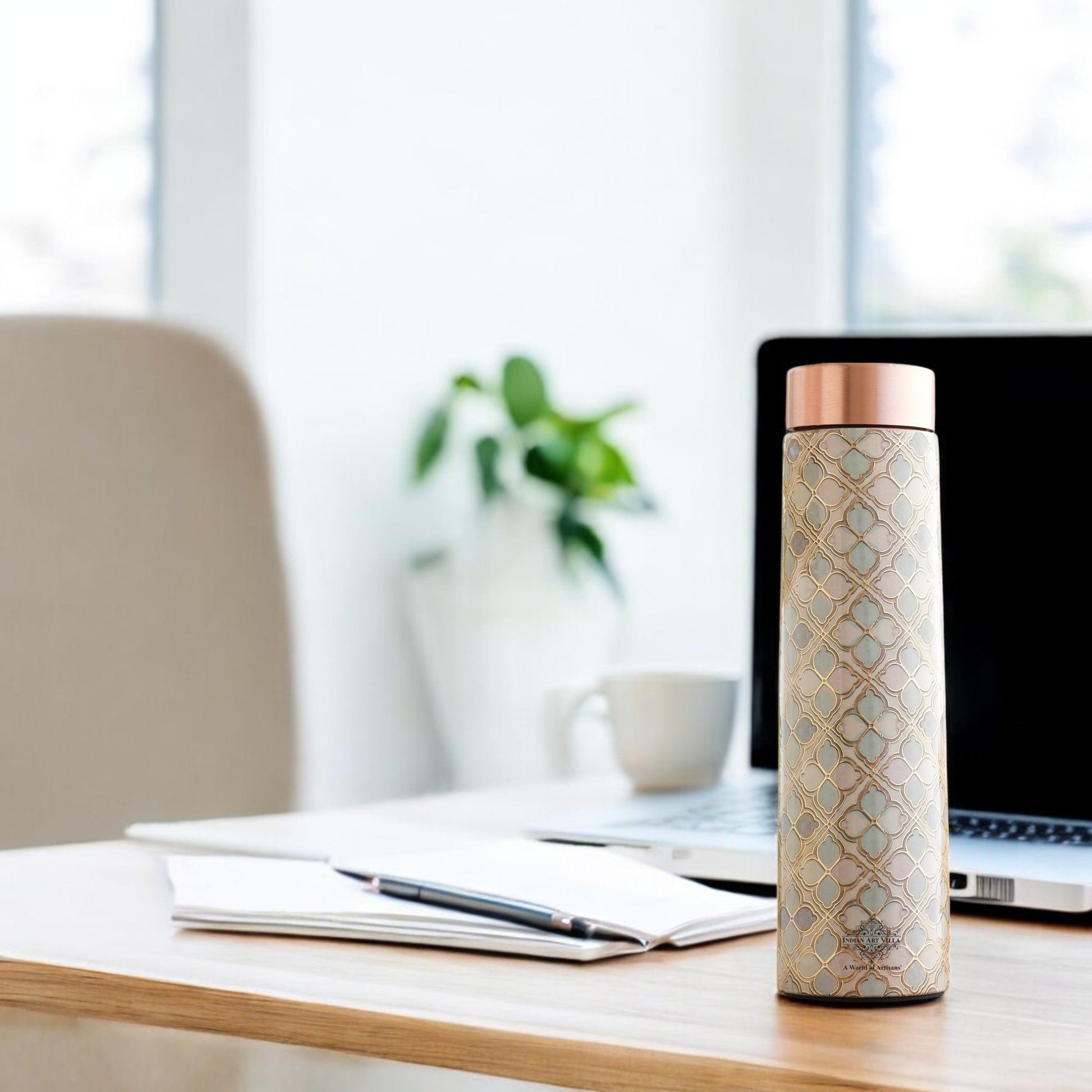 Pure Copper Water Bottle with Pyramid Shape Gold Print Design, 800 ML