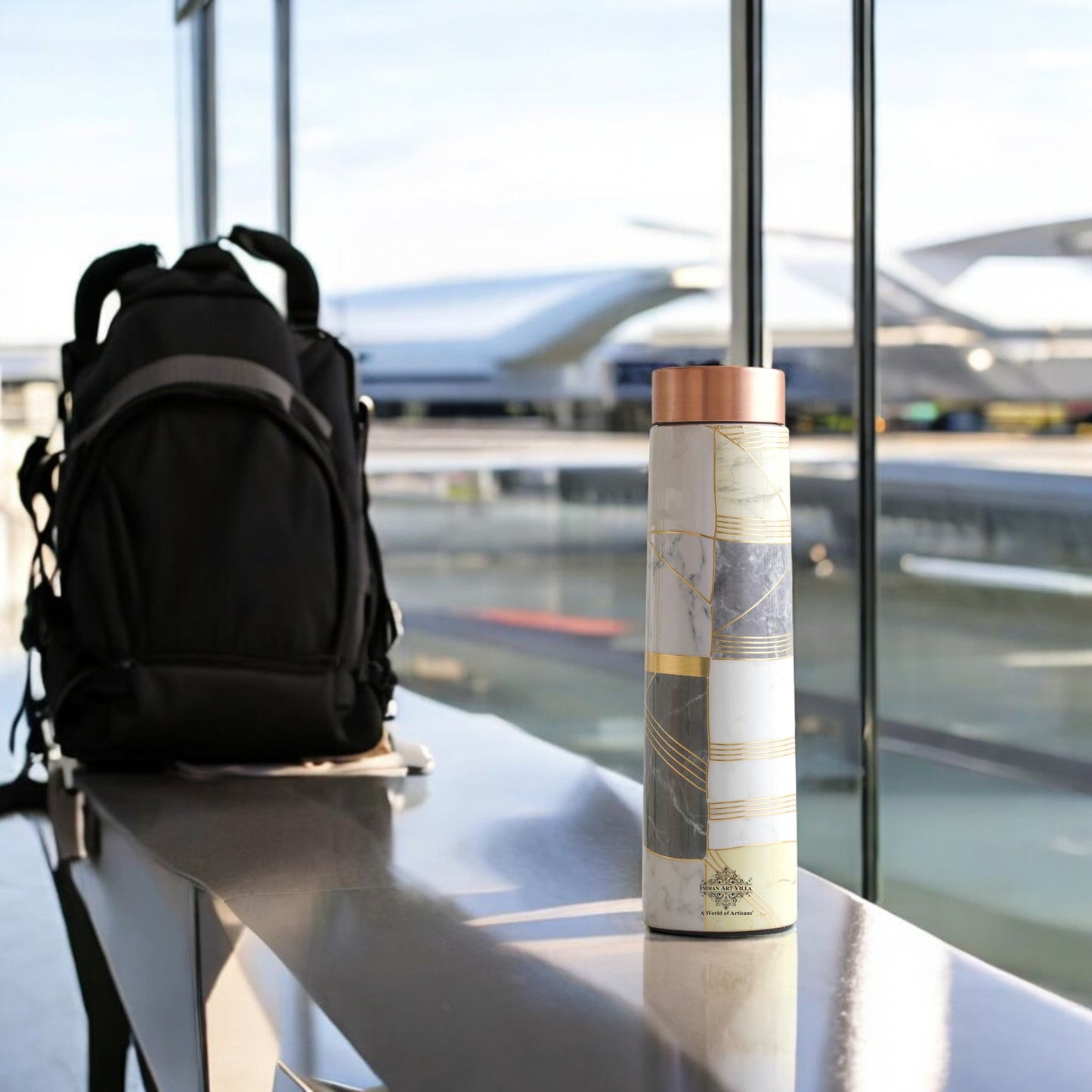 Pure Copper Water Bottle with Pyramid Shape Gold Print Design, 800 ML