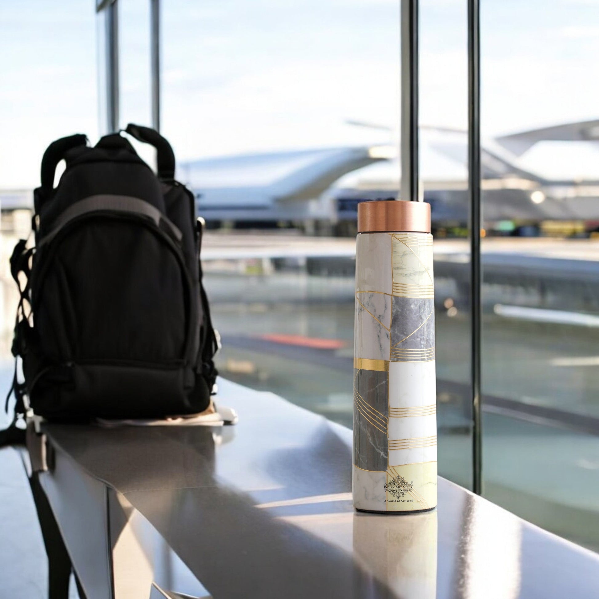 Pure Copper Water Bottle with Pyramid Shape Gold Print Design, 800 ML