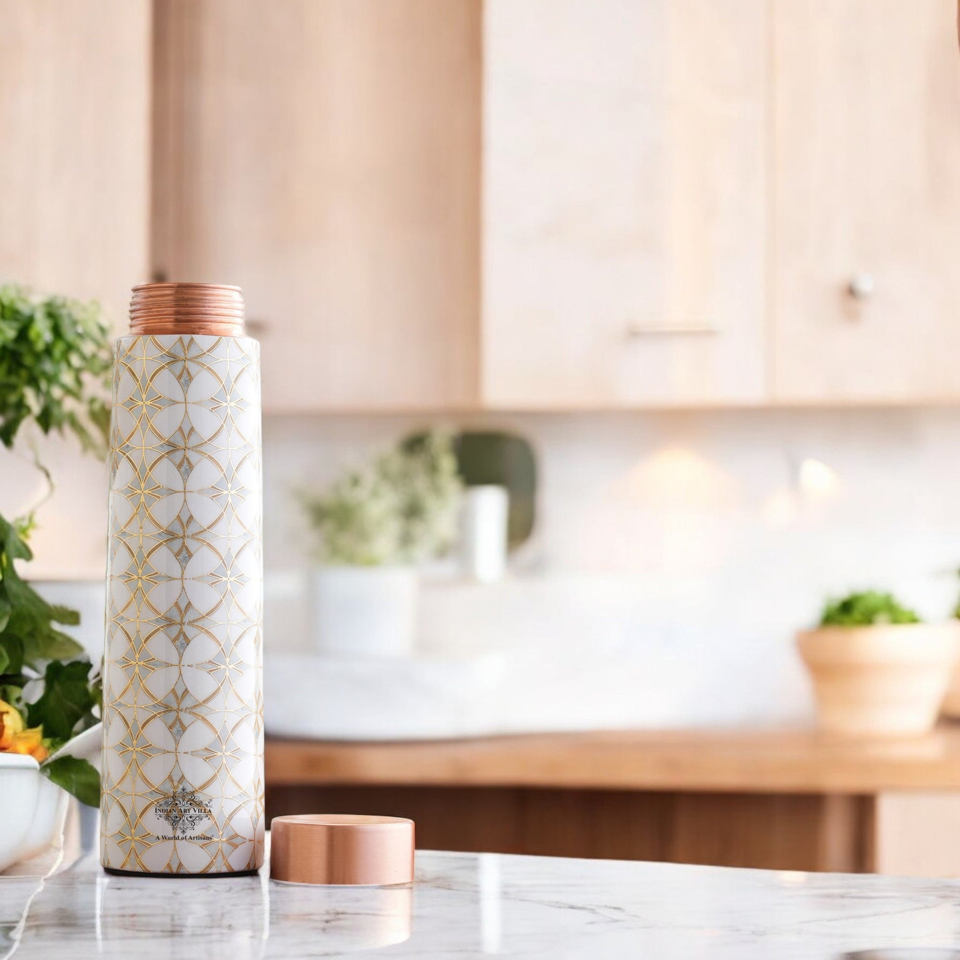 Pure Copper Water Bottle with Pyramid Shape Gold Print Design, 800 ML
