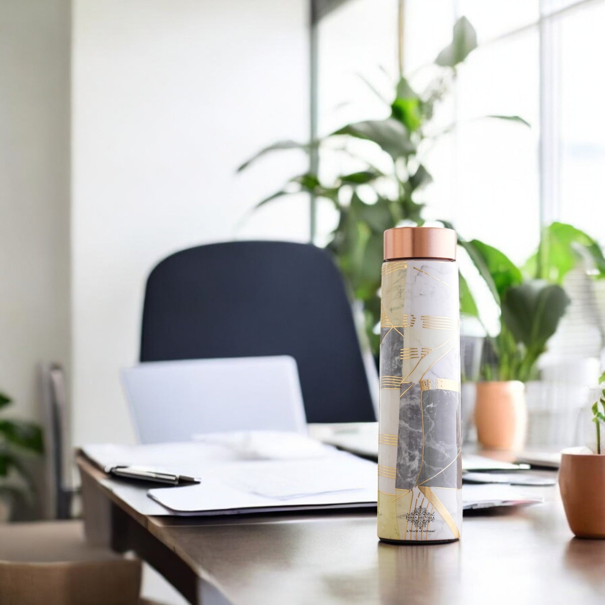 Pure Copper Water Bottle with Pyramid Shape Gold Print Design, 800 ML