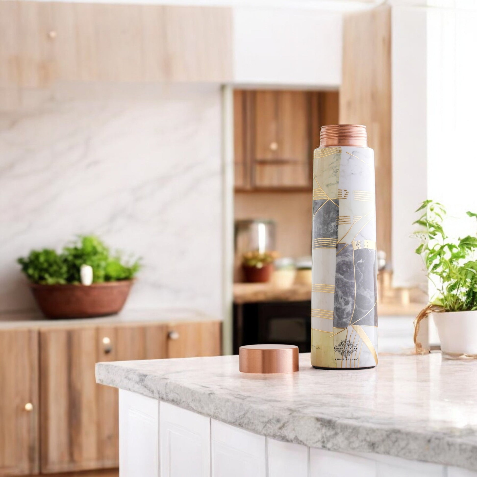 Pure Copper Water Bottle with Pyramid Shape Gold Print Design, 800 ML