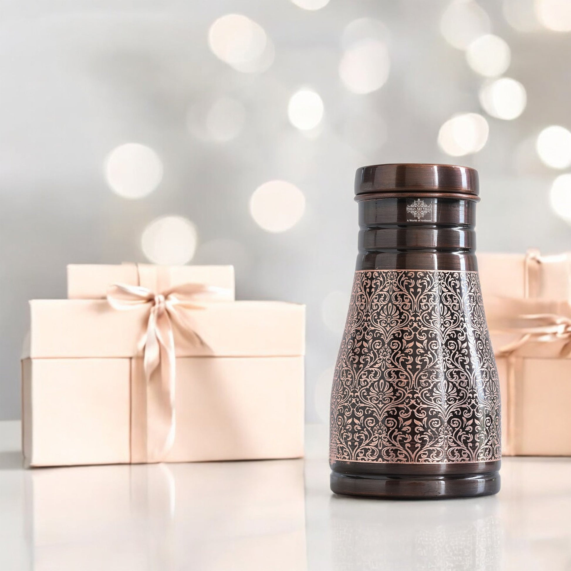 Pure Copper Embossed Bedroom Bottle With Inbuilt Glass