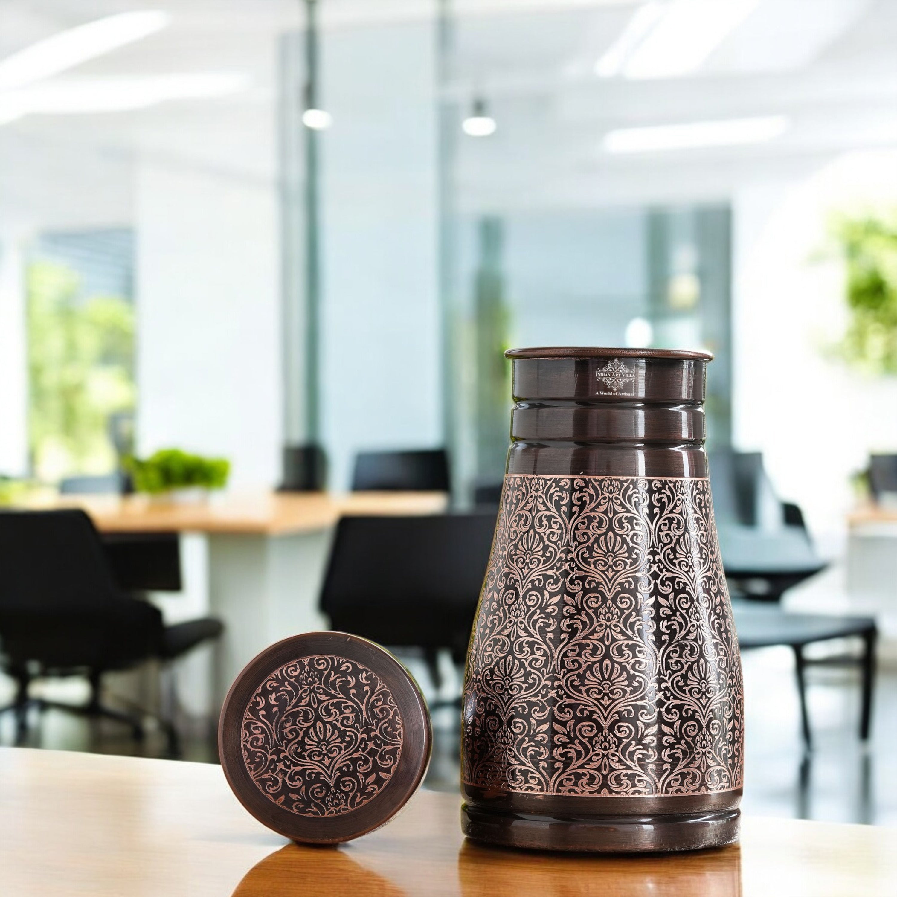 Pure Copper Embossed Bedroom Bottle With Inbuilt Glass