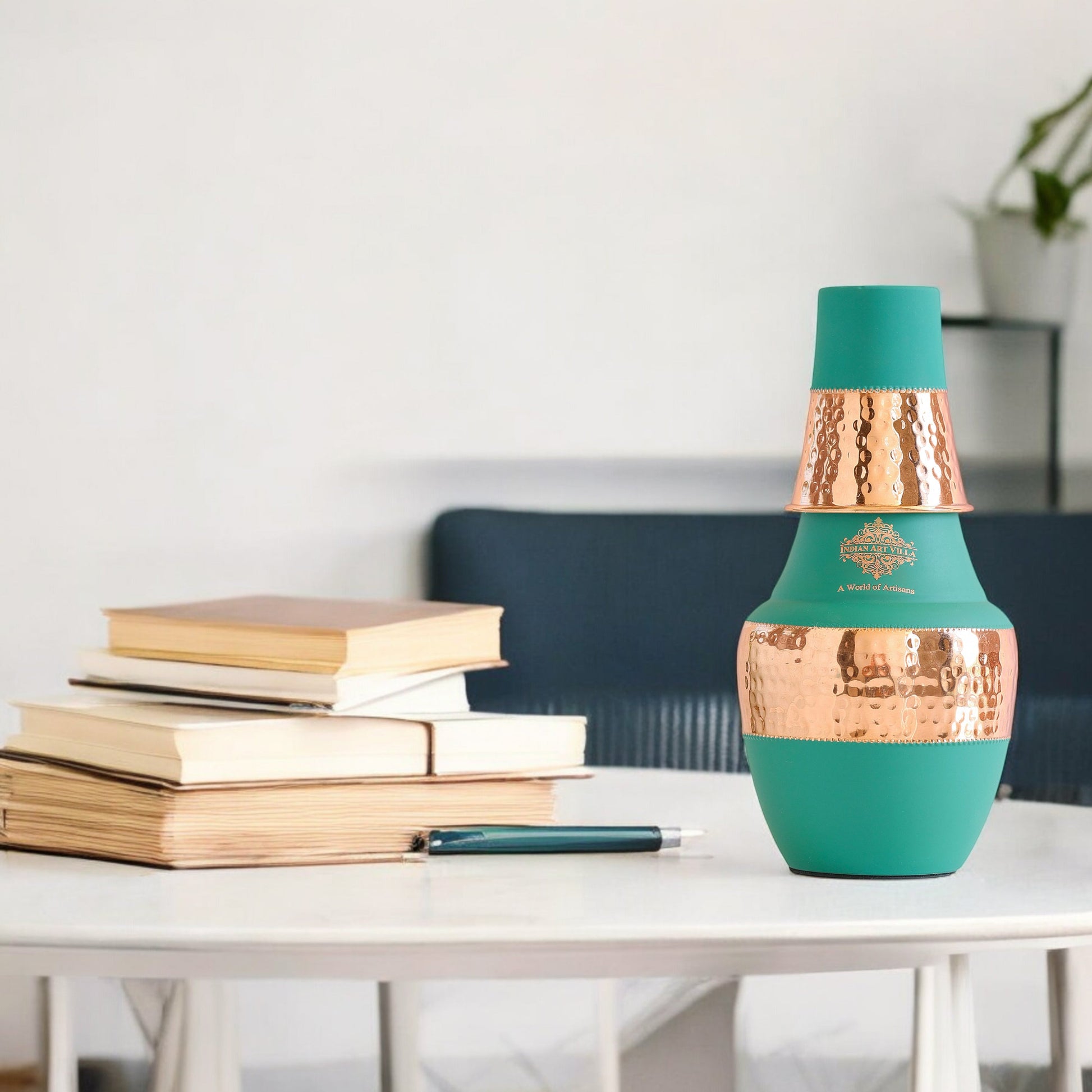 Pure Copper Hammered Silk Finish Design Surahi Shape Bedroom Bottle
