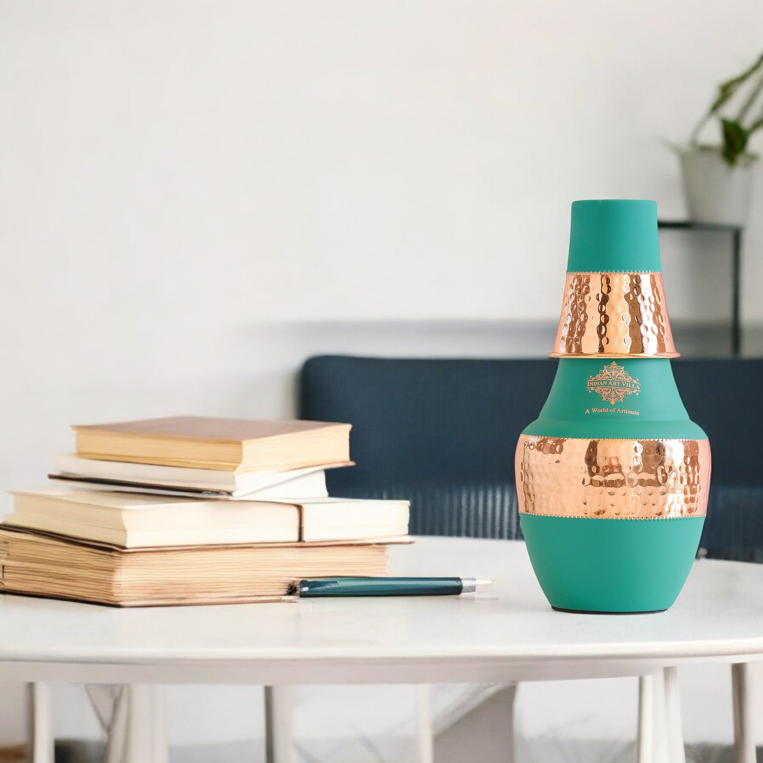 Pure Copper Hammered Silk Finish Design Surahi Shape Bedroom Bottle