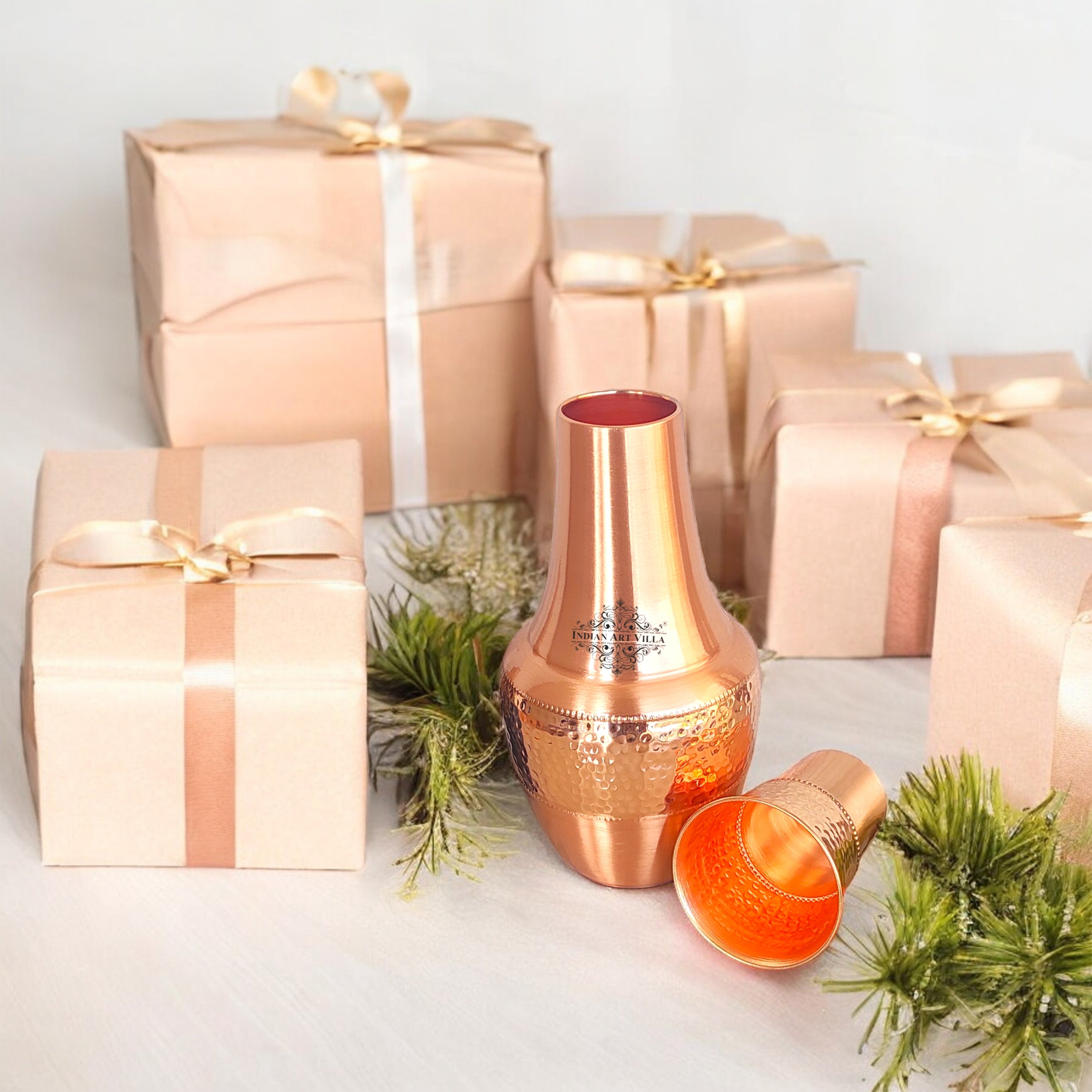 Pure Copper Hammered Silk Finish Design Surahi Shape Bedroom Bottle