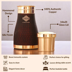Pure Copper Hammered  Silk Finish Bedroom Bottle with Inbuilt Glass