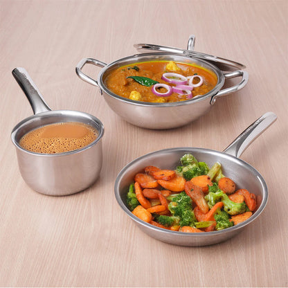 TurboCuk Tri-ply Stainless Steel Cookware Set: Kadai+ Frypan+ Tea/Milk pan, Premium Quality, 3 Layer Thick Body, 100% Toxin-free, Non-stick, Induction & Gas