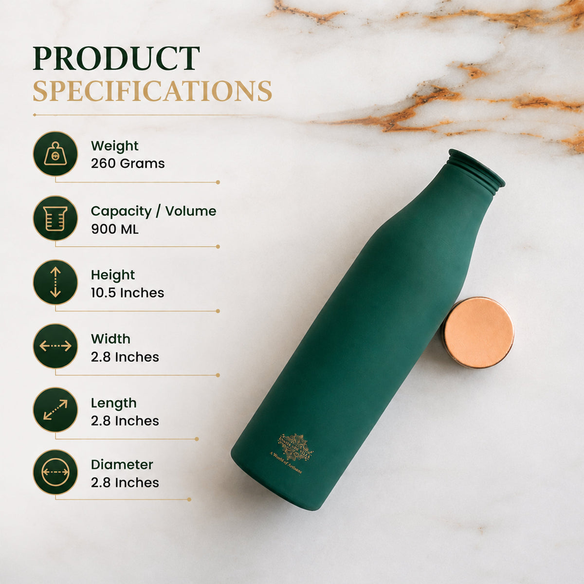 Pure Copper Bottle with Silk Finish - 900 ML