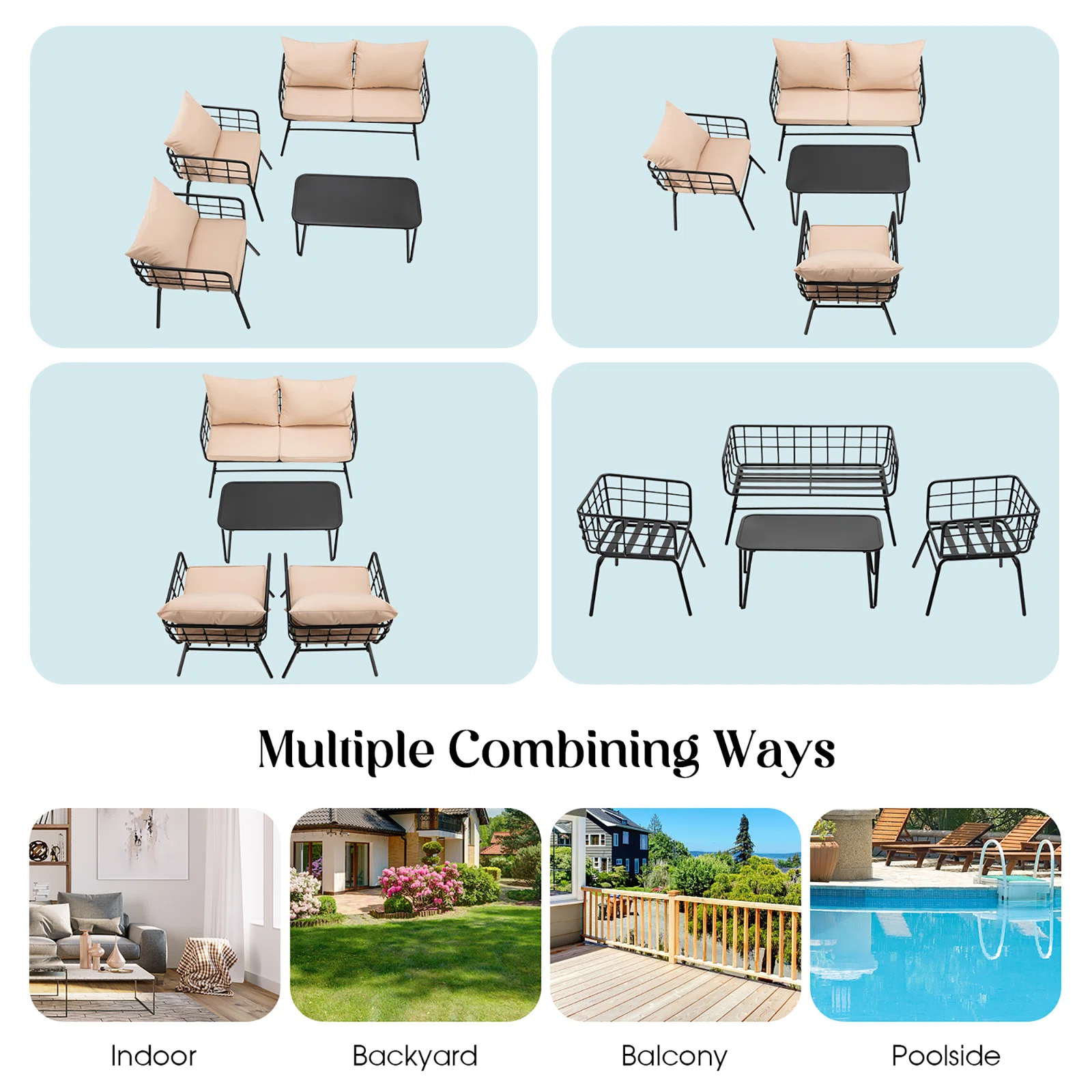Blog Outdoor Sofa Set 2 Seater , 2 Single seater and 1 Center Table Set (Black + Beige)