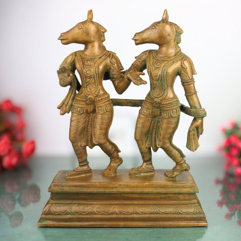 Bronze Ashwini Kumar Idol Ashvini Deva Murti Panchaloha Style Kanchu Kansya Vigraha South Indian Chola Art Handmade Temple Puja Statue, Brown, 13 Inch, 1 Piece