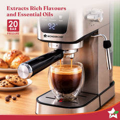 Wonderchef Prebook Athena 20-Bar Espresso Coffee Machine, Built-in Frother for Cappuccino & Latte, Metal Porta Filter, D