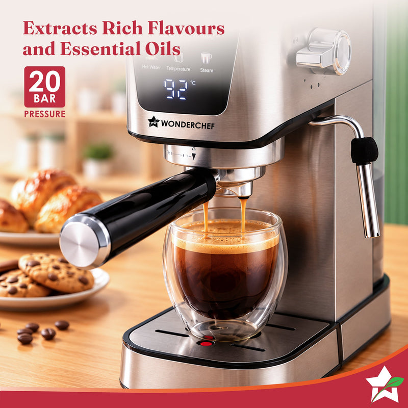Wonderchef Prebook Athena 20-Bar Espresso Coffee Machine, Built-in Frother for Cappuccino & Latte, Metal Porta Filter, D