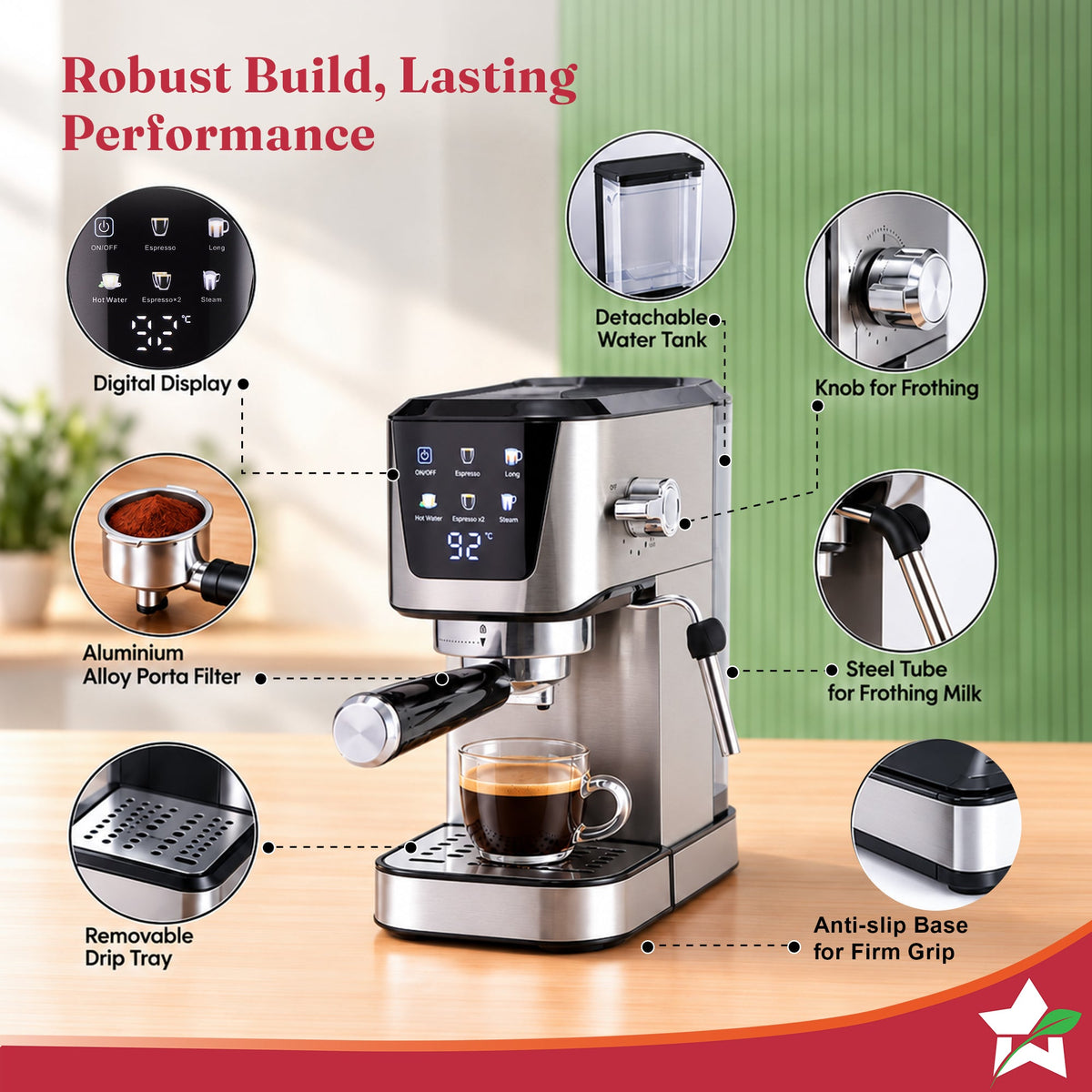 Wonderchef Prebook Athena 20-Bar Espresso Coffee Machine, Built-in Frother for Cappuccino & Latte, Metal Porta Filter, D