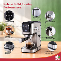 Wonderchef Prebook Athena 20-Bar Espresso Coffee Machine, Built-in Frother for Cappuccino & Latte, Metal Porta Filter, D