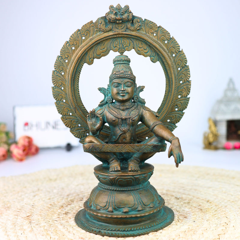 Bronze Ayyappa Swamy Idol – Lord Ayyappan Swami Murti for Pooja, Home Decor, and Temple, Brown, 11 Inch, 1 Piece