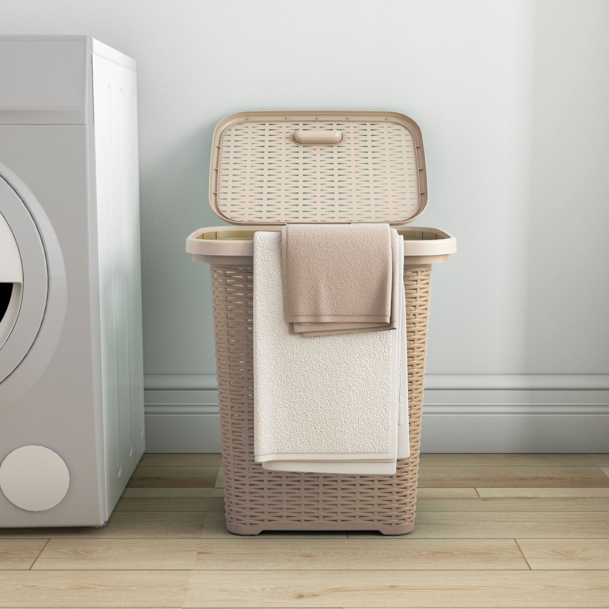 Nilkamal Elegance Laundry Basket 50 Litre with Lid (Sandy Brown & Marble Cream)