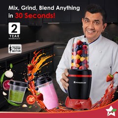 Wonderchef Nutri-Blend Turbo 750W Mixer Grinder Blender Smoothie Maker, 22000 RPM, 3 Jars, Stainless-Steel Blades, Sippe